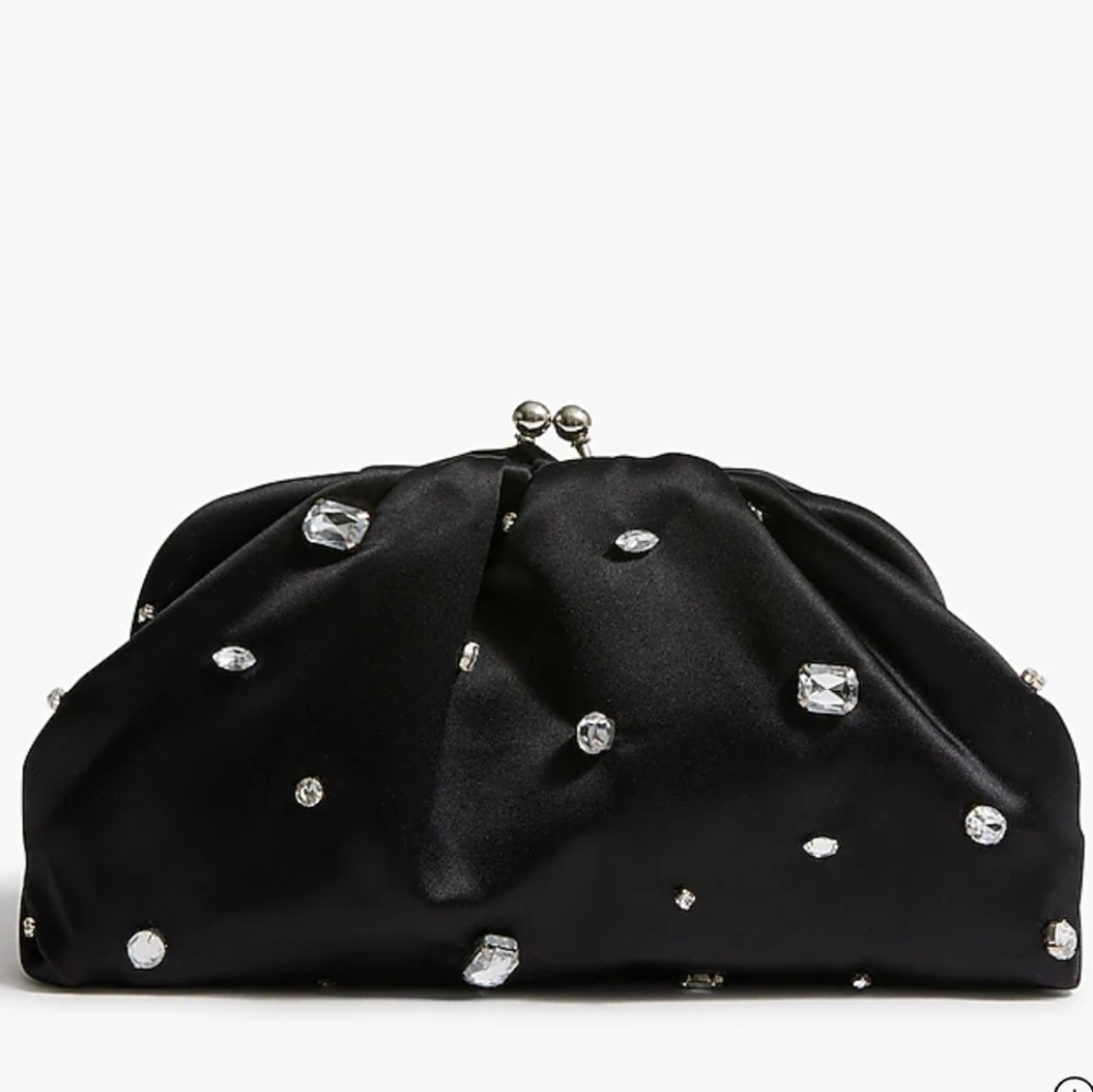 New!J. Crew rhinestone Elegant Black Satin Clutch with Crystal Accents Evening
